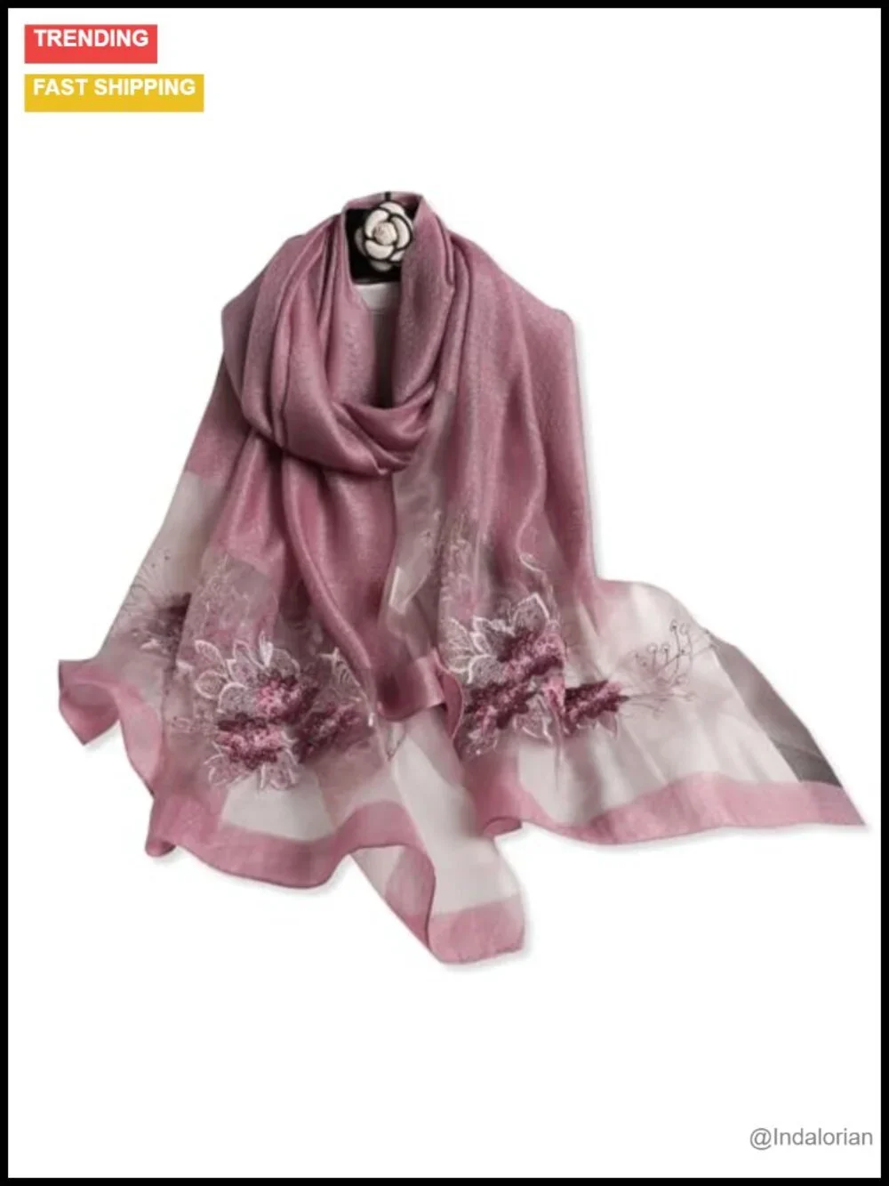 Silk Wool Chiffon Scarf Women Ginkgo Embroidery Transparent Tulle Lightweight